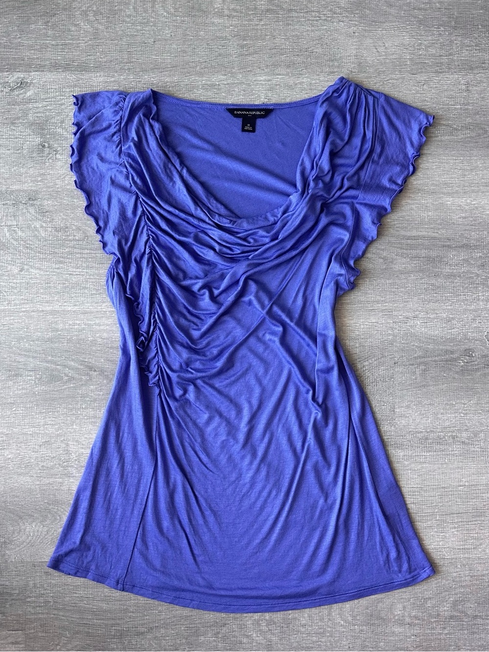 Y2K Banana Republic Purple Draped Cowl Neck Top Ruching Flutter Sleeve